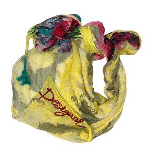 Desigual yellow embroidered teal Tropical Flowers tassel scarf shawl pareo 55"